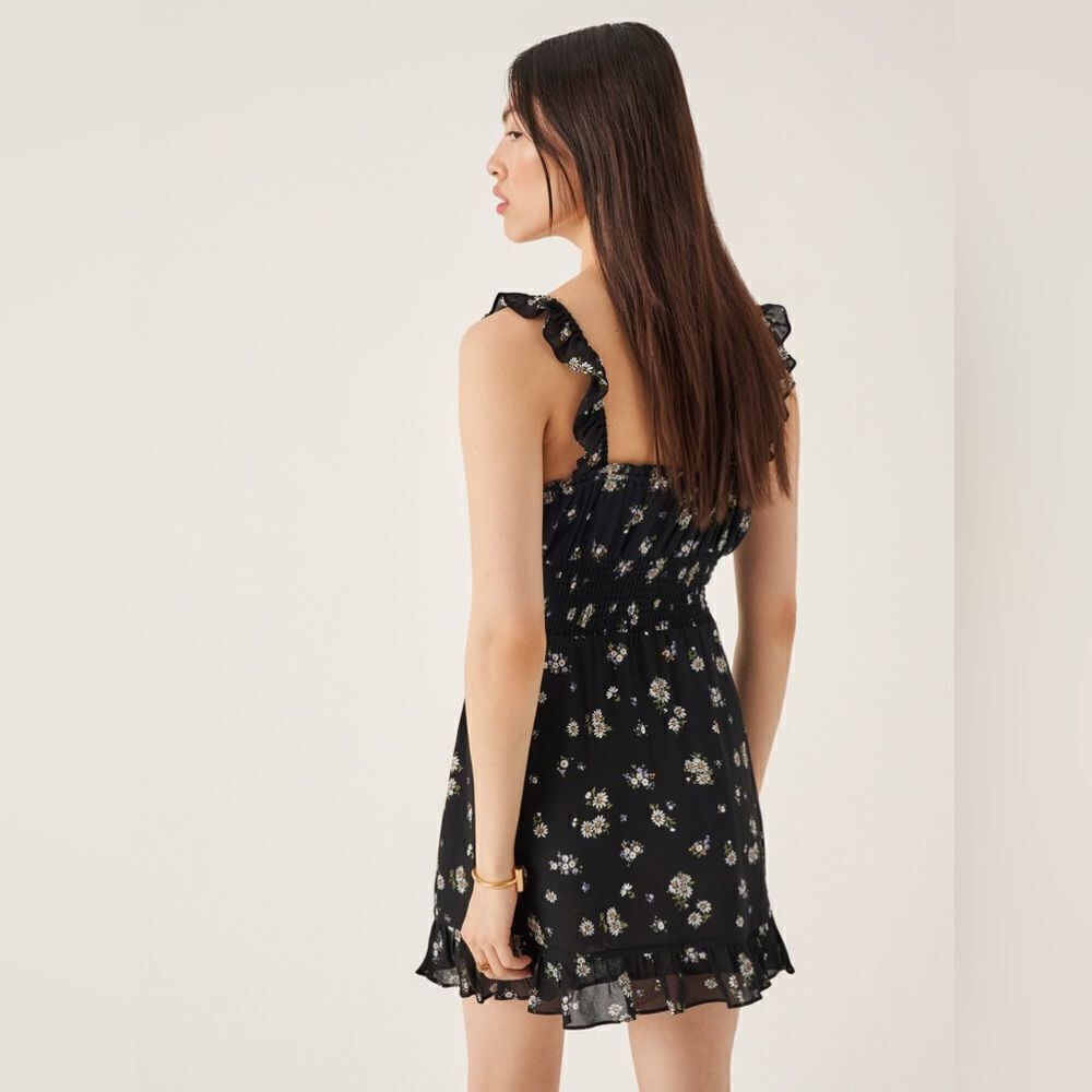 Reformation Silvia Mini Black Dress  Floral Ruffle Smock Size S - Picture 4 of 10